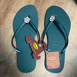 Havaianas green crystal poem flip flops slippers BR 41/42 US 11/12 Eur 43/44 New